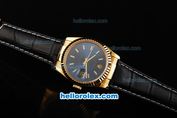 Rolex Datejust Swiss ETA 2836 Automatic Movement Gold Case with Royal Blue Dial and Black Leather Strap - Click Image to Close